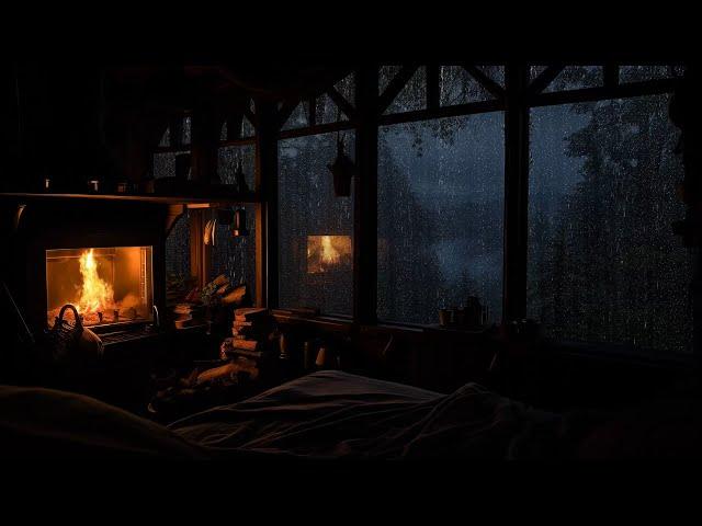 Cozy Warm Ambience ASMR in Cabin Night Room | Rain Falls at Night Forest help to Fall Asleep