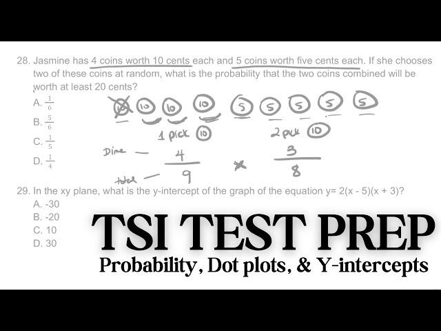 TSI MATH TEST PREP - Probability Questions, Dot plots, & solve for y-intercept…