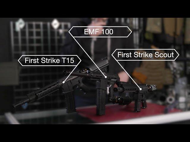 Planet Eclipse EMF100, First Strike T15 Magfed Paintball Gun, FS Scout Sniper Rifle Comparison video