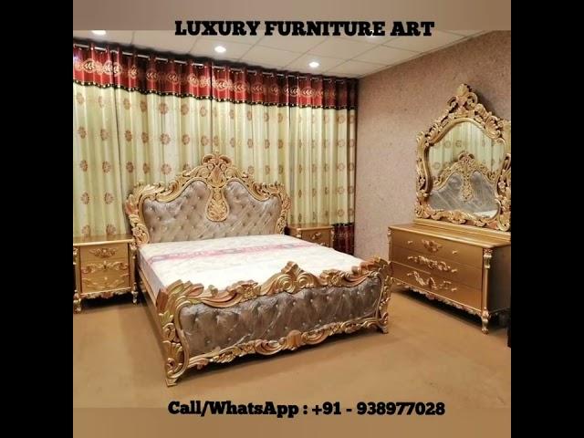 Maharaja style bedroom furniture, Antique gold, Double bed, dressing set, teak wood #antique #design