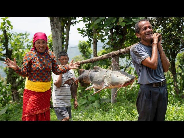 How we Catch 38 kg's Fish in River ? Biggest Fish Cutting, Cooking and Eating | Kanchhikitchen