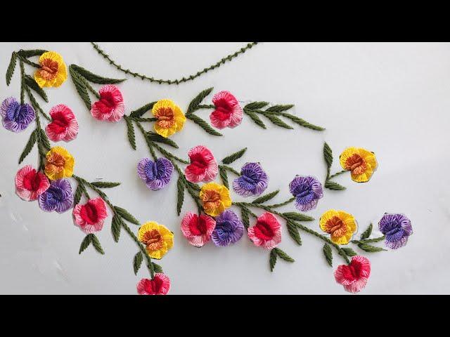 Hand Embroidery: Beautiful Neckline Embroidery - Orchid Flower Embroidery - Embroidery For Beginners