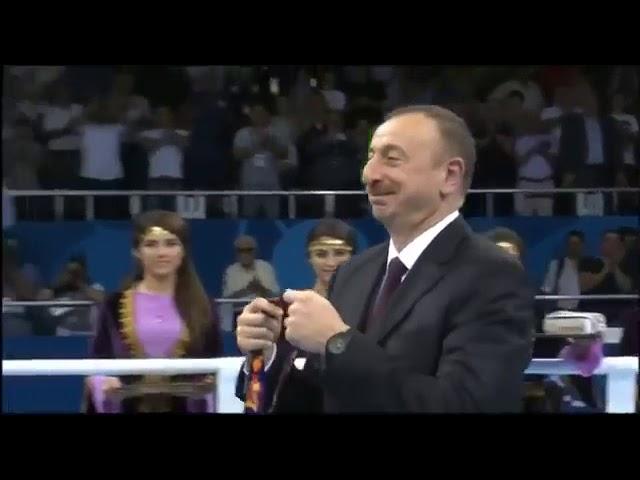 Ilham Aliyev presenting a medal to Armenian sportsman