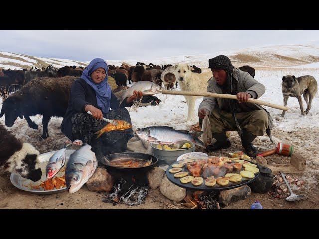 Surviving the Coldest Village in Afghanistan -63°C | Shepherd Mother Cooking Fish Curry Recipe