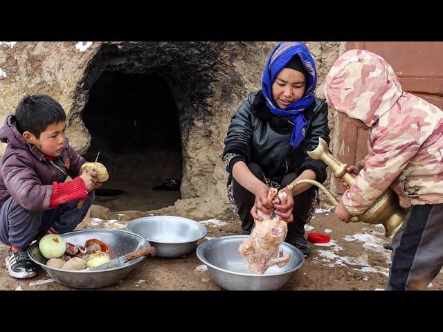 Young mother's life in a Cave |Challenging with freezing cold winter in village|Cooking village food