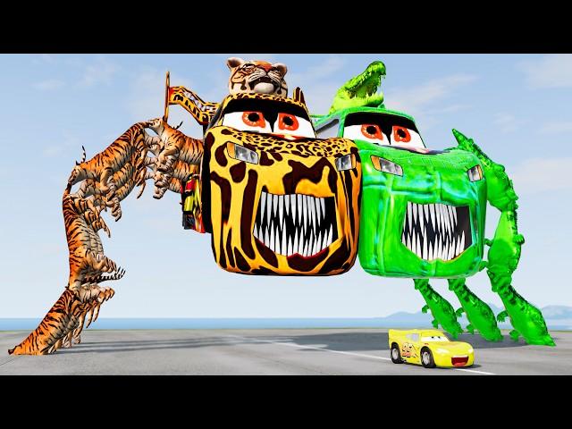 Crazy Escape From The Giant Tiger Spider McQueen Monster Cars VS Lightning McQueen Beamng Drive #384