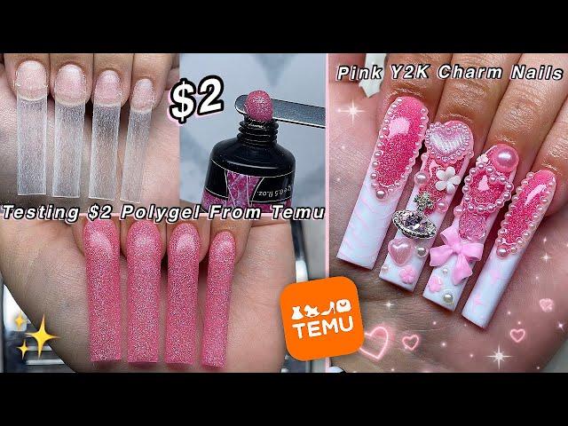 TESTING $2 POLYGEL FROM TEMU PINK Y2K POLYGEL NAILS & KAWAII CHARMS DESIGN! | Nail Tutorial