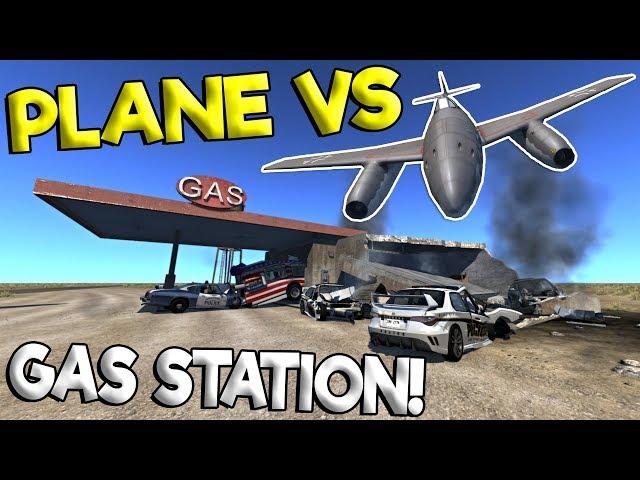 PLANE CRASHES INTO DESTRUCTIBLE GAS STATION! - BeamNG Gameplay & Crashes - New Building Mod