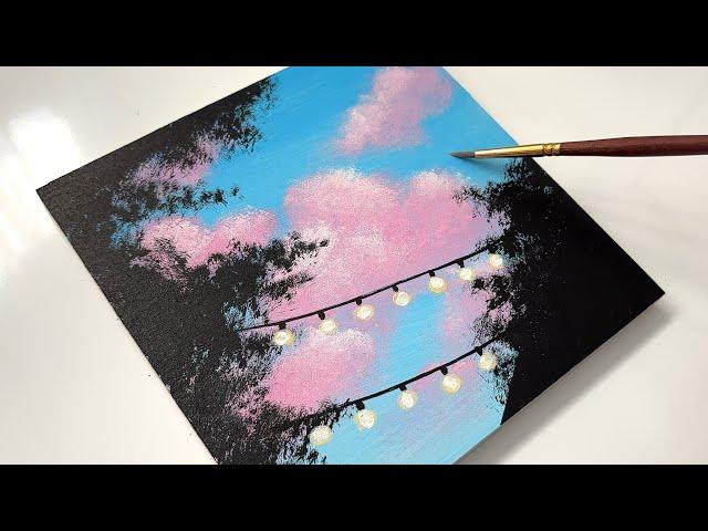 How to paint Clouds & String Lights | Easy Acrylic Painting Idea on Canvas | Easy Painting