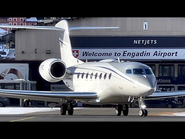 St. Moritz Engadin Airport GLF6  E550 Takeoff Snow Privatjets Planespotting 2025 / Samedan 4K