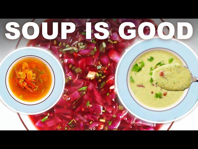 Spicy carrot, purple cabbage & potato, and creamy broccoli soups