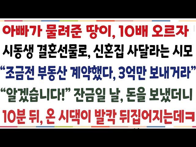 (반전신청사연)아빠가 물려주신 땅이 10배가 오르자 시동생 결혼선물로 신혼집 사달라는시모 "부동산 계약했다 3억만 보내거라" 잔금일날 돈 보냈더니[신청사연][사이다썰][사연라디오]