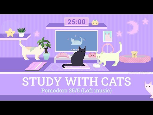 Study with Cats  Pomodoro 25/5 x Animation | Focus 1 hour with Calm Lofi | Cute purple desk setup 