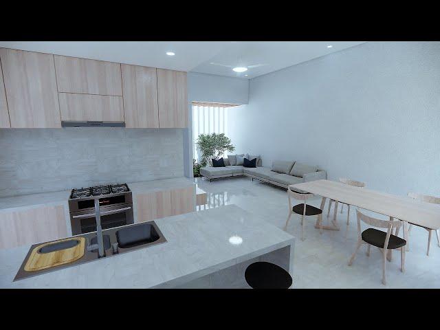 PLANO DE CASA MINIMALISTA DE UNA PLANTA CON 3 DORMITORIOS COCINA ABIERTA