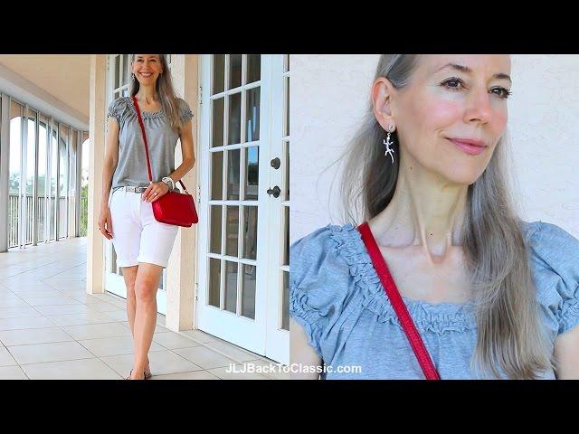 Classic Fashion/Style Over 40/Over 50:  Red, White, and Gray Feminine Shorts Outfit