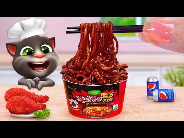 Talking Tom Best Friend  Miniature Stir Fried Octopus Black Bean Spicy Noodles  Tina Mini Cooking