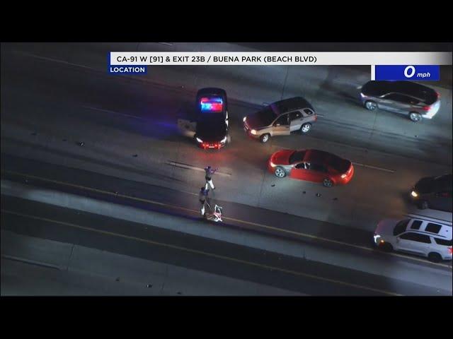 Suspect erratically drives on CA-91 Freeway, doing donuts and blocking traffic