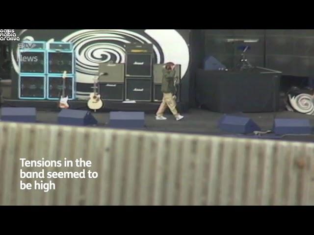 Liam having a bit of an argument with Noel during the Loch Lomond soundcheck in 1996