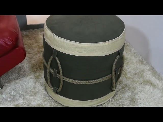 Vintage Handmade Canvas with Jute Rope Round Pouf in Green Beige Color