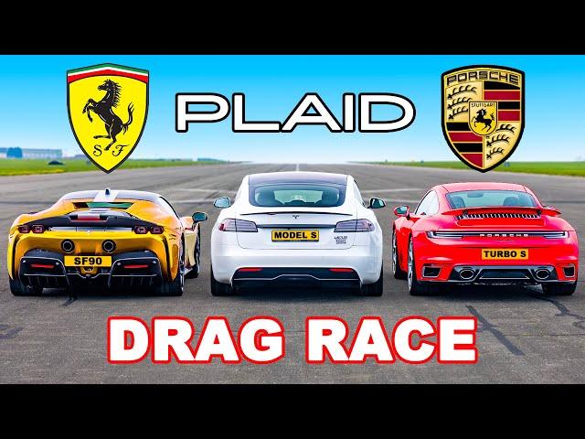 Tesla Model S PLAID v Ferrari SF90 v Porsche 911 Turbo S: DRAG RACE