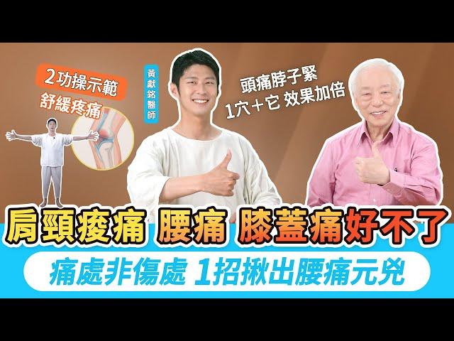 肩頸痠痛按摩也沒效？1招快速舒緩。肩膀痠、頭痛？按1穴＋它，效果加倍。腰痛、膝蓋痛久治不癒？教你找出元凶，2功操示範，舒緩疼痛。送你獨家好康，讓更多疼痛一次搞定｜胡乃文開講Dr.HU_293