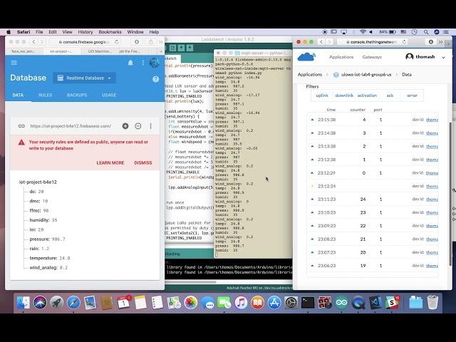 LoRa to Gateway (TheThingsNetwork), then to MQTT server and Firebase