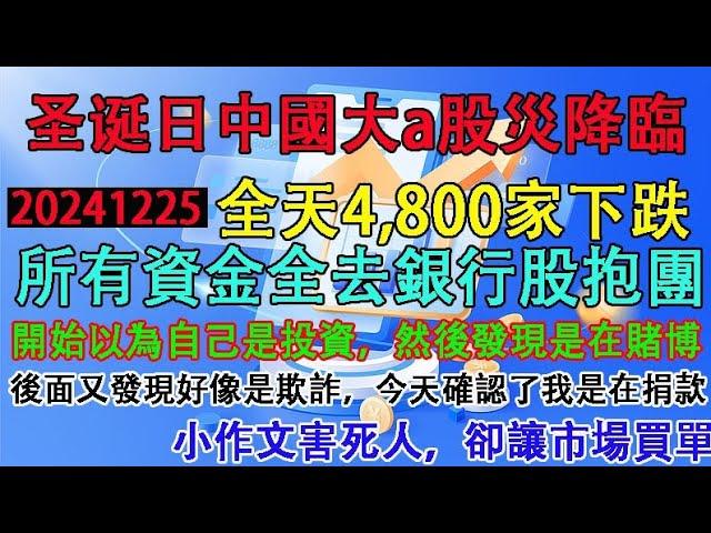 聖誕日中國大a股災降臨，全天4800家個股下跌。所有資金跑去銀行股報團取暖。散戶股民:開始以為自己是投資，最後確認了，我是在捐款。