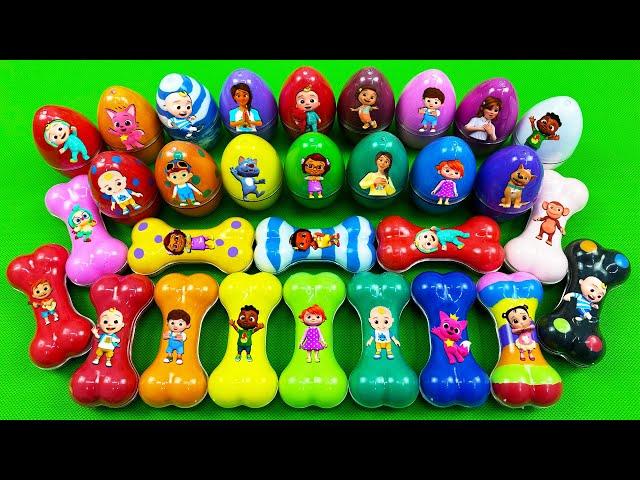 Rainbow SLIME Looking Cocomelon, Pinkfong, Numberblocks with Mini Dinosaur Eggs, Bones Coloring