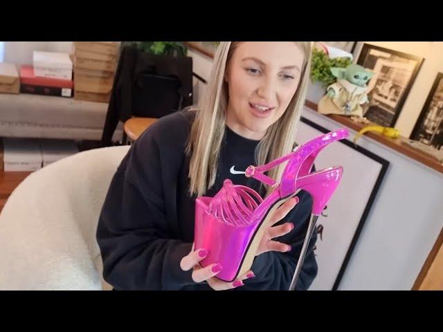 Catie Unboxes Hot Pink 8 Inch High Heel Stainless Steel Shoes With Open Toe And Ankle Strap