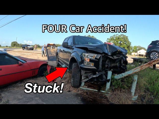 FOUR Vehicle Accident Leaves F-150 Stuck on Two Poles!