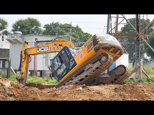 JCB 215 Excavator Digs Out Mobile Tower Foundation and Breaks Separates Concrete Bar gives level it