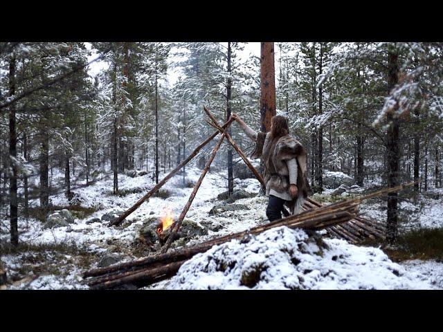 Bushcraft trip - snow, making tipi, reindeer sleeping bag, cooking meat on hot stone etc.