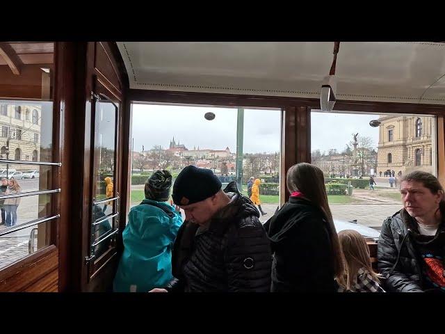 Historic Tram Ride in Prague Old Town. Czech Republic.