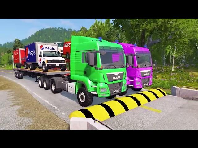 Double Flatbed Trailer Truck vs Speedbumps Train vs Cars Beamng.Drive #13 With Reverse