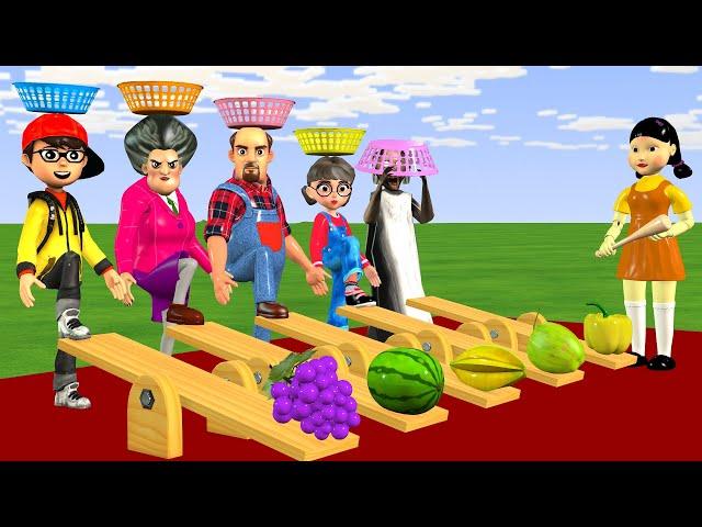 Scary Teacher 3D vs Squid Game Wood SeeSaw Juggling Fruit into Basket Funny Challenge