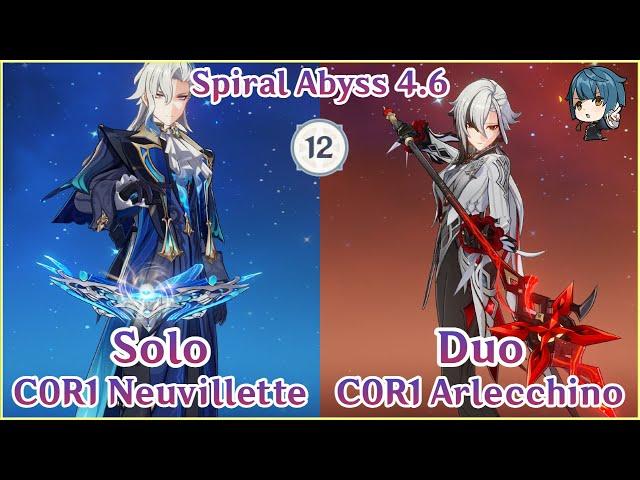 C0R1 Neuvillette Solo x C0R1 Arlecchino Duo - Spiral Abyss 4.6 Floor 12 | Full Star Clear Gameplay