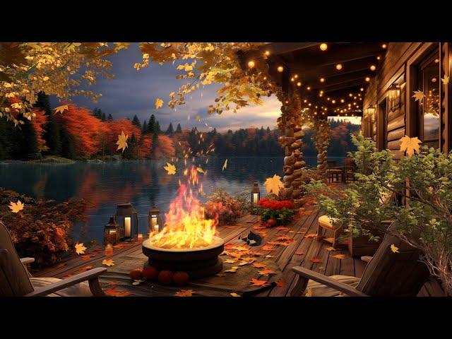 Autumn Ambience by the LakeCozy Porch with Rain Sounds, fall leaves & Crackling Fireplace