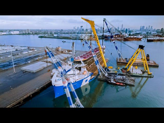 Drone Footage - How a Barge Hull is Unloaded in the Port of Rotterdam