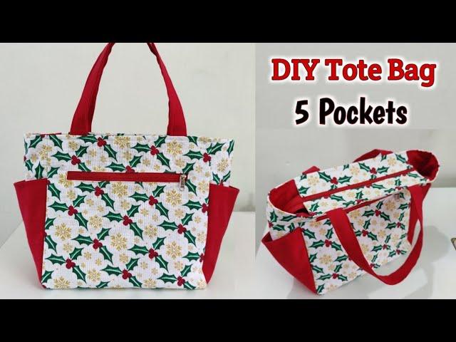 DIY Tote Bag with 5 POCKETS | Shopping Bag cutting and stitching | Cloth Bag making with lining