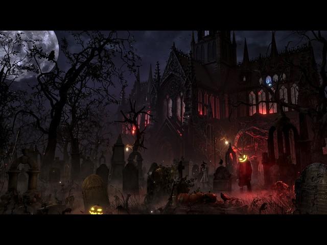 Spooky Halloween Ambience | GraveYard Zombies | Owl Hoots & Gentle Wind | Gothic Church | 4K