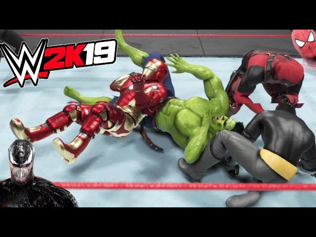 WWE 2K19 - HULK VS BATMAN VS SPIDERMAN VS VENOM VS DEADPOOL VS IRONMAN - ELIMINATION CHAMBER MATCH