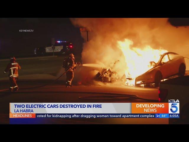 Parked electric vehicles destroyed by fire outside La Habra home