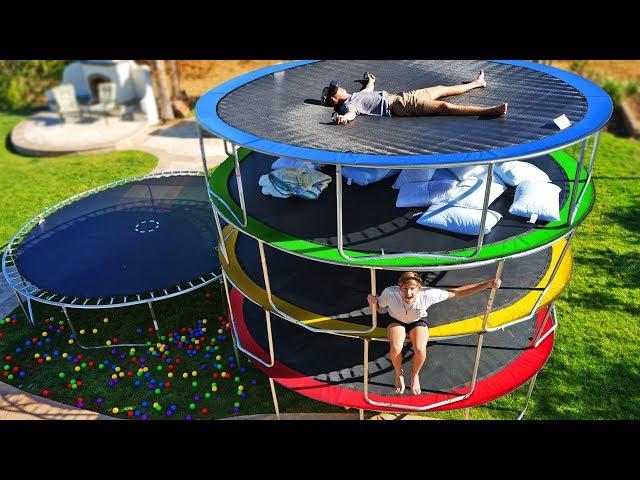 LAST TO LEAVE TRAMPOLINE TOWER WINS! EXTREME TRAMPOLINE PARK CHALLENGE!!!