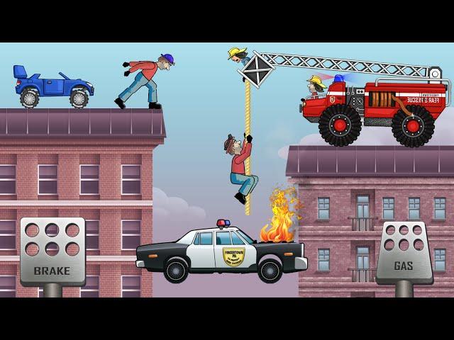 Hill Climb Racing - Fire Truck Rescue Policeman from the FIRE - Police Car on Rooftops GamPlay