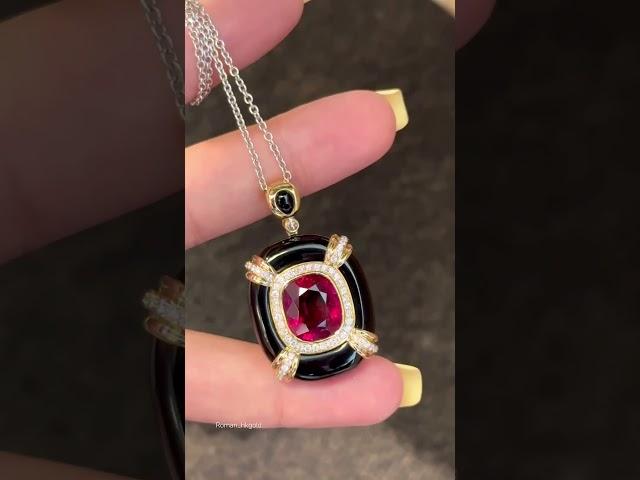 Подвеска золото Au750, Рубеллит, бриллианты, оникс gd179 #gems #rubellite #onyx #necklace