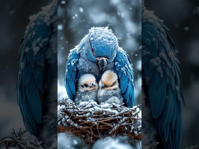 Brave Blue Macaw Shelters Chicks from Fierce Mountain Snow #snow #rain #bird #short