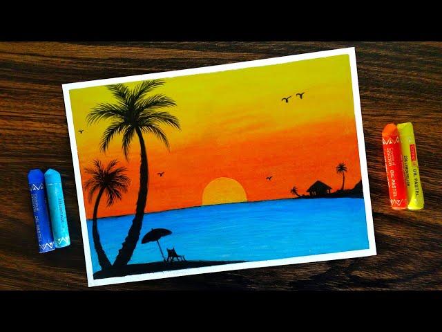 How to draw Sunset Scenery for Beginners with Oil Pastel step by step