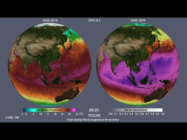 AWI-CM-3: Comparative display of SST,  velocity and seaice for 2005-2014 and 2090-2099 (SSP5-8.5)