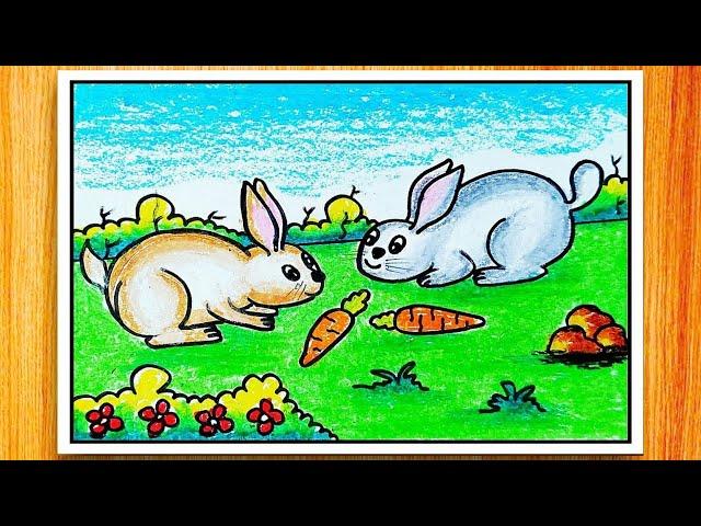 Easy Rabbit Scenery Drawing|How To Draw Rabbit Scenery Step By Step|Easy Rabbit Drawing For Kids