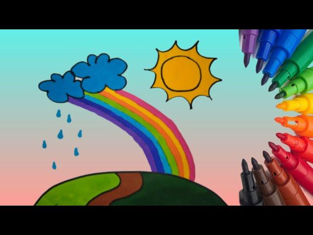 Как нарисовать радугу, солнце и тучки//How to draw a rainbow, sun and clouds.